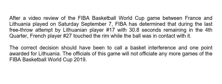 Los tres árbitros del Lituania vs Francia no arbritarán más en este Mundial