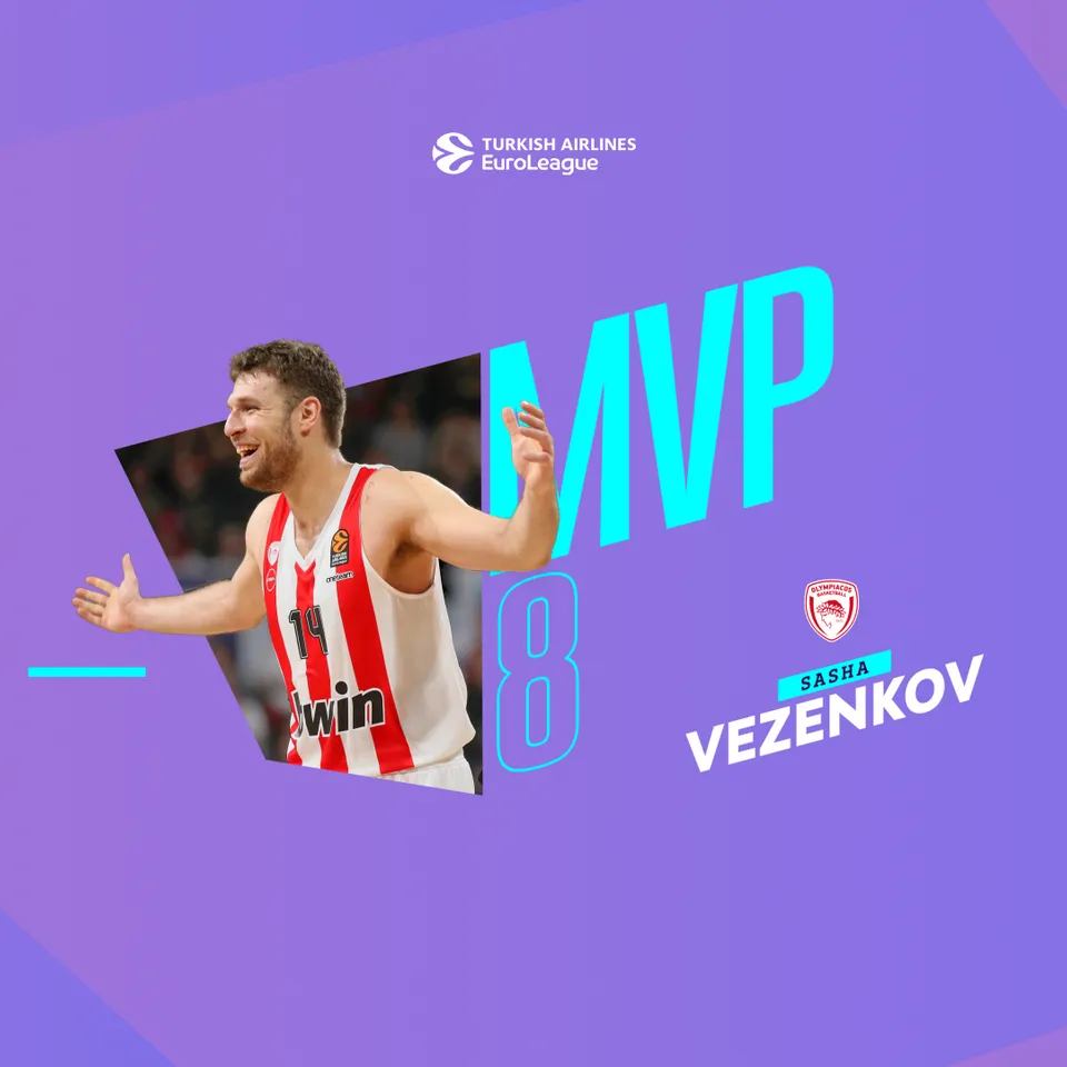 MVP de la jornada 8 EuroLeague: Sasha Vezenkov, Olympiacos Piraeus