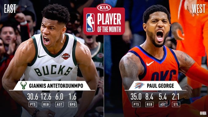 Paul George y Giannis Antetokounmpo, los mejores jugadores del mes de febrero en la NBA