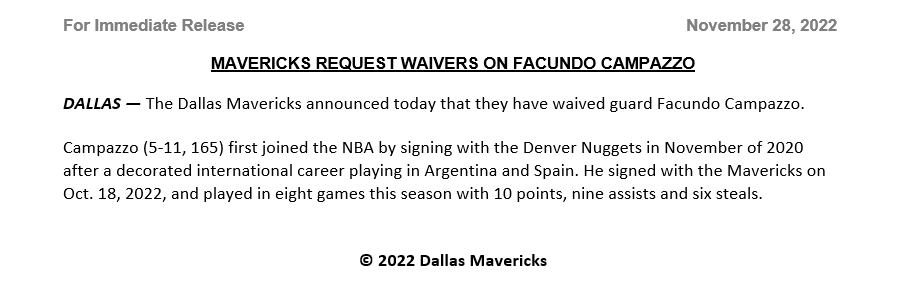 Los Dallas Mavericks anuncian el corte de Facundo Campazzo