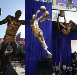 Strolling among the statues that tell the story of the Los Angeles Lakers