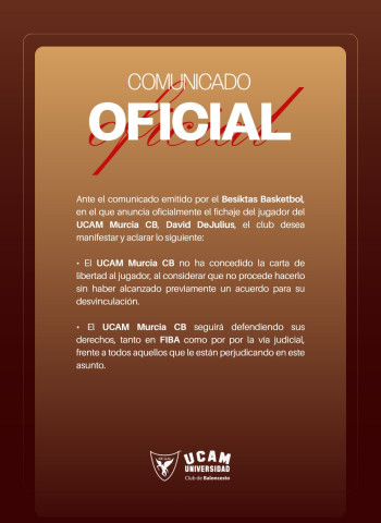UCAM Murcia no libera a David DeJulius pese al anuncio del Besiktas
